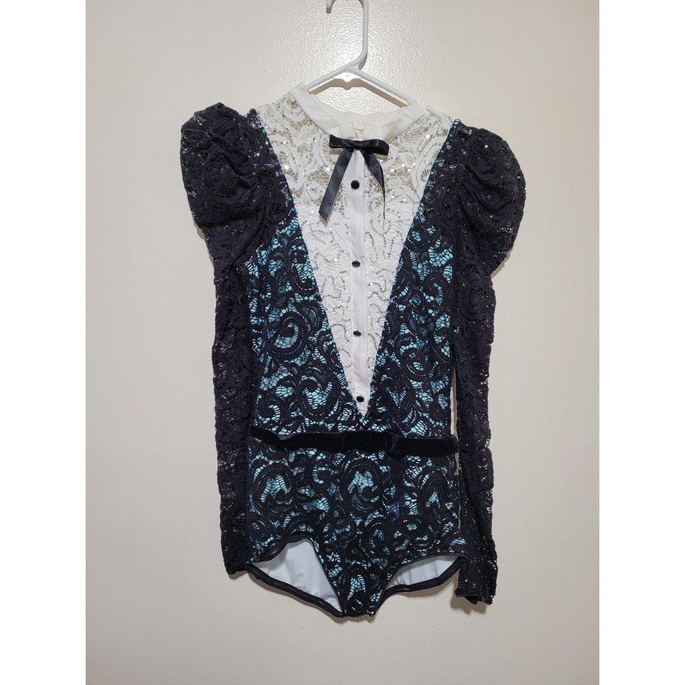 Dancewear Tuxedo Bodysuit Women Small Black‎ Teal Lace Sequin Puff Sleeve